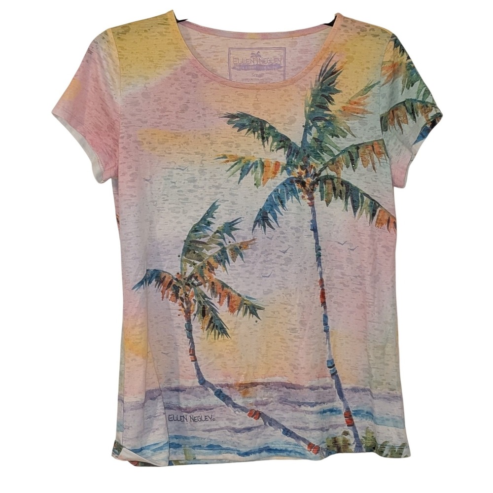 Ellen Negley Palm Tree  Artsy Sunset Watercolor  Tee Rhinestone Womens Small